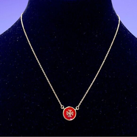 TORY BURCH KIRA ENAMELED PENDANT LOGO GOLD NECKLACE